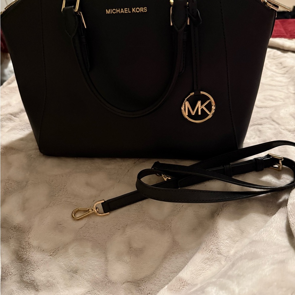 Michael Kors Black Leather Satchel with Gold MK Charm